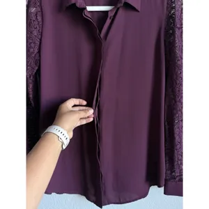 Ann Taylor LOFT Plum Burgundy Lace Sleeve Button Down Blouse Shirt Romantic Goth Witchy S thumbnail 7