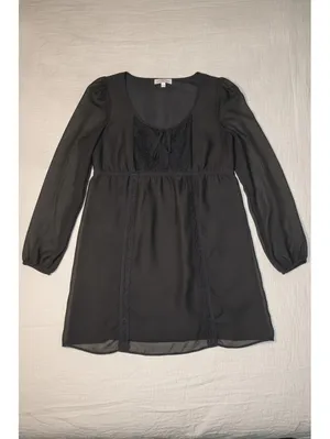 As You Wish Size L Black Sheer Chiffon Lace Tie Front Babydoll Dress Romantic Goth thumbnail 4