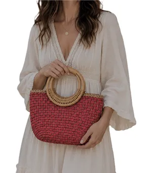 Free People Sophia Straw Tote Red Woven Bamboo Ring Handles Boho Purse Bag EUC thumbnail 1