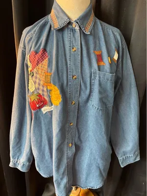 Vintage PTKV Denim Sewing Quilting Patchwork Button Down Shirt Blue Medium‎ thumbnail 1