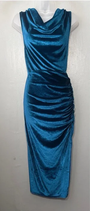 Zaful Velvet Midi Dress Size 6 Blue Ruched Party Fairy Whimsigoth Wedding Guest thumbnail 1