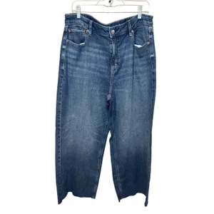 American Eagle Super High-Rise Baggy Wide Leg Jeans 14 Short Blue Raw Hem thumbnail 2