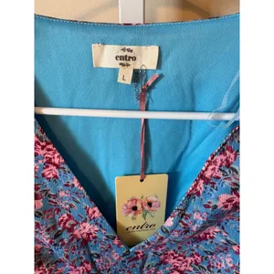 Entro Blue Pink Floral Corduroy Peplum Top V-Neck Ruffle Long Sleeve Blouse L thumbnail 2