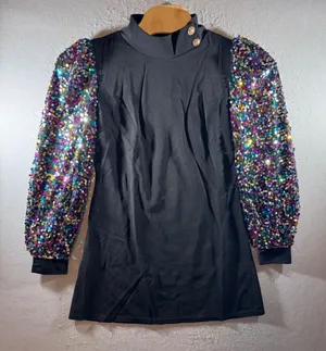 1462 | NEW Sequin Puff Sleeve Mini Cocktail Dress Bodycon Black‎ Large NYE Glam thumbnail 1