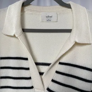 Aritzia Wilfred Clara Merino Wool Polo‎ Sweater Cream Stripe Size Medium thumbnail 3