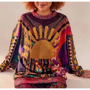 FARM Rio Mixed Scarves Sweatshirt Sun Appliqué Oversized Pullover S Art to Wear thumbnail 1