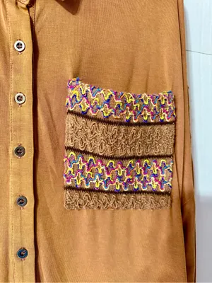 POL Oversizex Lightweight Button-Up Shirt in Camel and Embroidered Size L thumbnail 5
