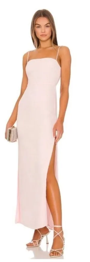 💗Superdown Light Pink Satin Maxi Dress S ✨ Spaghetti Strap Slit Bridesmaid Gown💗 thumbnail 1