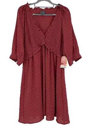 NWT Arula Size X 10/12 Terracotta Swiss Dot Smocked Mini Dress Cottage Fall thumbnail 1
