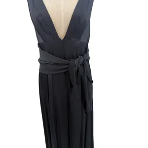 Free People Black Plunge Open Back‎ Maxi Dress Tie Waist High Slit Gown US 2 thumbnail 4