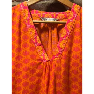 ZARA Boho Printed Tunic Beach Cover Up Mini Dress Orange Fuchsia Cotton S thumbnail 5