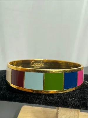 COACH Y2K Legacy Stripe Bangle 1/2" Wide Bracelet Gold Tone Multicolor 7.5" thumbnail 5