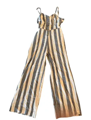 Striped Wide Leg Jumpsuit Womens Grey White Button Front Sleeveless Summer XL thumbnail 1
