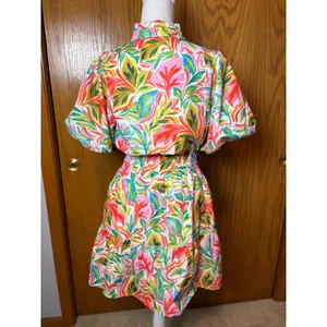 THML Tropical Leaf Print Smocked Waist Puff Sleeve Tiered Mini Dress Small thumbnail 6