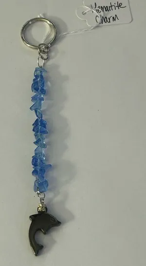 Handmade Tumbled Blue Glass Chip & Hematite Dolphin Charm Keychain In Gift Box thumbnail 1