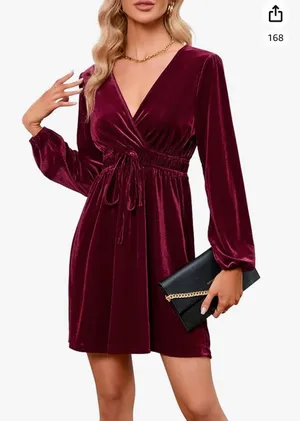 Women's Velvet Dress Wrap V Neck Pleated Waist Long Sleeve Casual Party Skater Dresses thumbnail 2