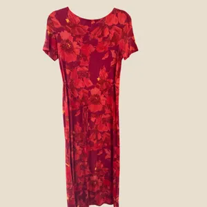 Saint Tropez Vintage Y2k Fall Red Floral Maxi Dress Short Sleeve Scoop Neck 4 thumbnail 4