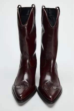 Zara burgundy leather western boots cowboy cowgirl boho ankle shoes thumbnail 5
