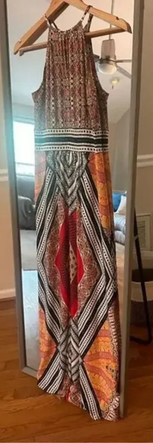 London Times Size 6 Maxi Dress WOMENS LONDON TIMES MULTICOLOR MORRIS HALTER MAXI thumbnail 1