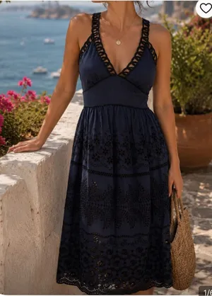 Cynthia Steffe Navy Eyelet Midi Dress with Crochet Trim Formal Wedding Guest 2 thumbnail 1