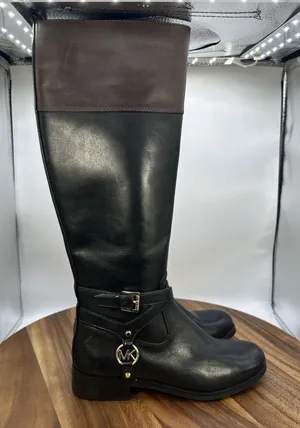 Michael Kors Preston‎ Two Tone Leather Riding Boots Black Brown Women's 5.5M thumbnail 1