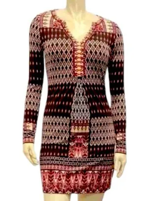 Hale Bob Vintage Womens Size M Black Burgundy Geo Printed Henley Neck Mini Dress thumbnail 1