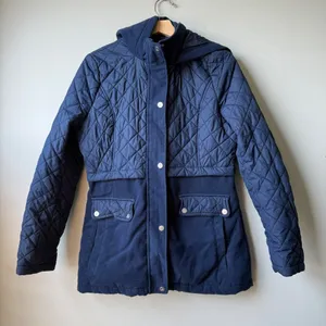 Sam Edelman Quilted Hooded‎ Puffer Jacket Coat Navy Blue Womens Size L thumbnail 1