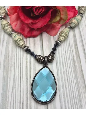 Artisan Black Green Bead & Faux Paper Bead Collar Teardrop Pendant Necklace 16" thumbnail 3