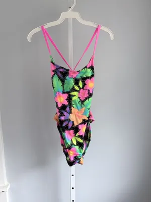 90s Neon Floral One Piece Swimsuit Pink Strappy Cross Back High Cut Y2K S thumbnail 2