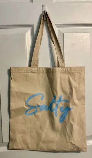 Salty Canvas Tote Bag in Natural with Blue Script Tan thumbnail 1