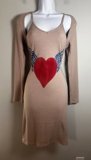 Hot Lava Tan Ribbed Knit 2-Piece Bodycon Dress‎ & Shrug Winged Heart Graphic M thumbnail 1