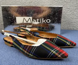 Matiko Shoes Lori Womens EUR 36 US 6 Green Tartan Plaid Point Toe Slingback Flat thumbnail 1