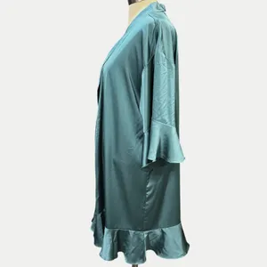 Birdy Grey M/L Teal Blue Satin Bell Sleeve Robe Bridal Bachelorette Morning GRWM thumbnail 3