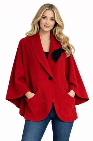 Vintage 90s Red Fleece Cape Jacket Le Moda Oversized Shawl Collar Poncho Coat thumbnail 1