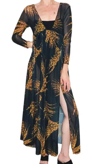Black & Brown Animal Cheetah Print Sheer Swim Cover Maxi Dress thumbnail 1