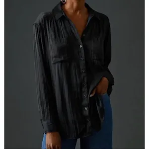 ANTHROPOLOGIE Black Satin Button Down Shirt Blouse Top Pockets Solid Small thumbnail 4