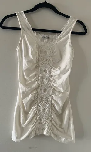 Express Ivory White Lace Ruched Tank Top Small Romantic Cottagecore Dainty thumbnail 1