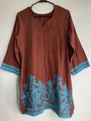 Vintage Mexican American long-sleeved Cotton tunic teal embroidered Brown floral thumbnail 8