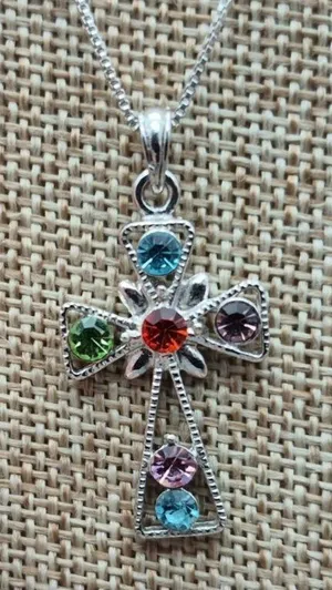 925 Sterling Silver Box Chain Pendant Necklace Dainty 30" Colorful Crystal Cross thumbnail 1