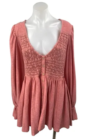 Free People Don't Call Me Baby Pink Smocked Long Sleeve Peplum Blouse Top Size M thumbnail 1
