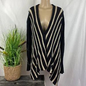 Free People Black & Tan Striped Knit Long Sleeve Snap Duster Cardigan Sweater S thumbnail 3