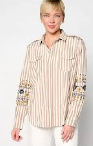 Driftwood Laura Button Down with Embroidered Sleeves thumbnail 1