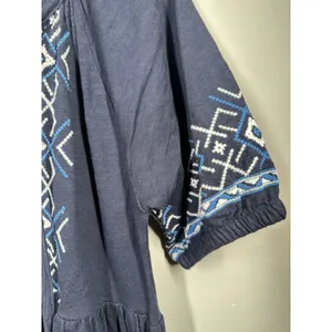 Cupio Small Dress Boho Navy Blue Embroidered Short Sleeve 100% Cotton Hippie thumbnail 9