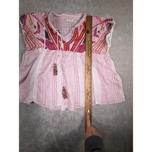 THML Embroidered Tassel Boho Peplum Top Pink Orange Geometric Blouse M thumbnail 8