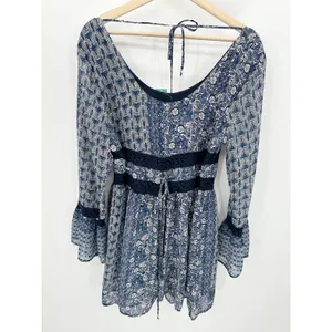 Maurices Dress Women MEDIUM NWT Blue‎ Printed Long Sleeve Tie Back Peasant Mini thumbnail 2