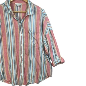 American‎ Eagle Womens Pink Stripe Viscose Linen Blend Lightweight Button Down M thumbnail 4