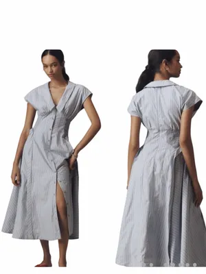 By Anthropologie Dress Women Small Blue White‎ Striped Pleated Midi Preppy Boho thumbnail 2