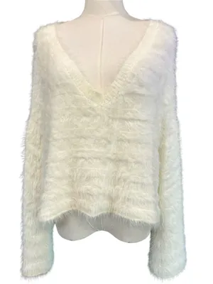 Fuzzy Eyelash Knit Sweater Ivory Shaggy Y2K Coquette Dee Elly Small Crop V Neck thumbnail 1