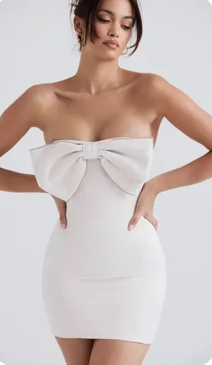 NWT House of CB Ariella Cream Satin‎ Crystal Embellished Bow Dress Size M $269 thumbnail 1