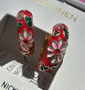 Pink linen round hoop clip earring gold tone red flower loop LEAD SAFE gift box🎁 thumbnail 9